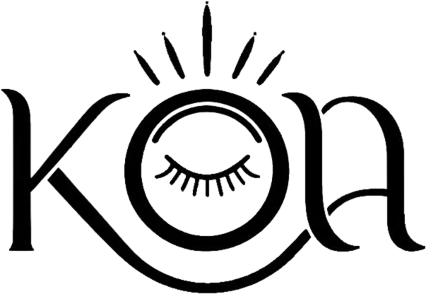 Logo de la marca "kon", que presenta un diseño minimalista con un ojo estilizado y rayos que simbolizan la creatividad y la visión. Ideal para representar productos de belleza o bienestar.